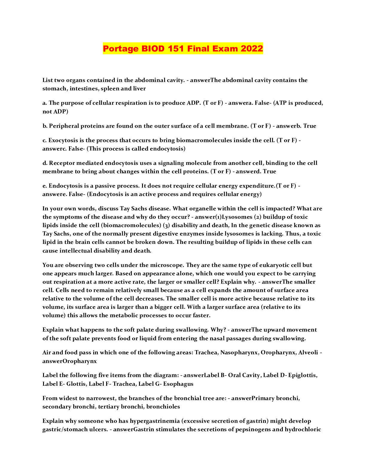 Preview image of Portage BIOD 151 Final Exam 2022 document